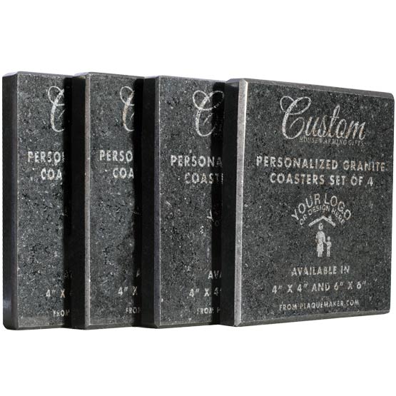 Four black granite coasters personalized with engraved grayish text and placeholder artwork, set on a white background.