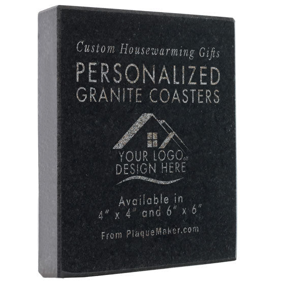 A square granite stone coaster showing grayish engraved text and placeholder artwork that features information about the sizes available. Display at a slight angle on a white background.