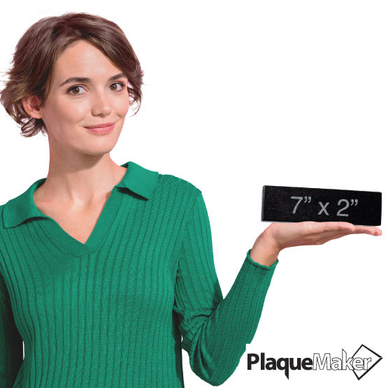 Size Guide With Happy Woman Holding Custom Rectangle Granite Pillar With Light Flecks And Showing Measurements