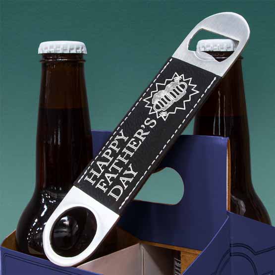 Stainless Steel And Black Faux Leather Bottle Opener Engraved With Beer Art And Happy Father’s Day Leaning On Beer Bottles