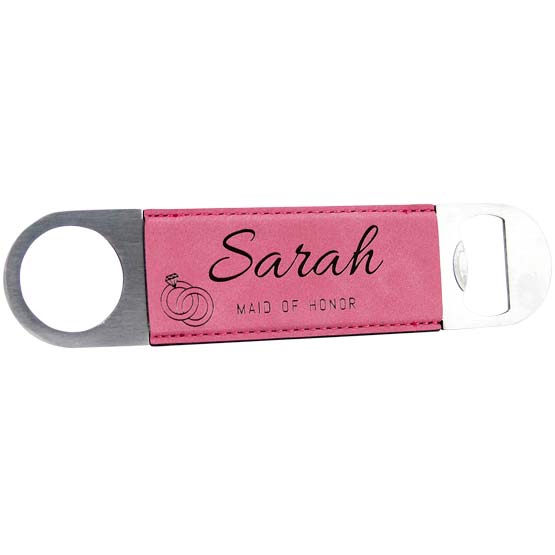 Custom Stainless Steel And Pink Faux Leather Bottle Opener Laser Engraved With Ring Art And Sarah And Maid Of Honor Text