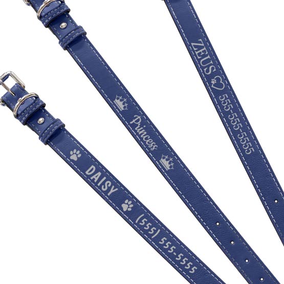 Three Custom Blue Faux Leather Dog Collars Laser Engraved With Sample Dog Names And Phone Numbers And Clipart
