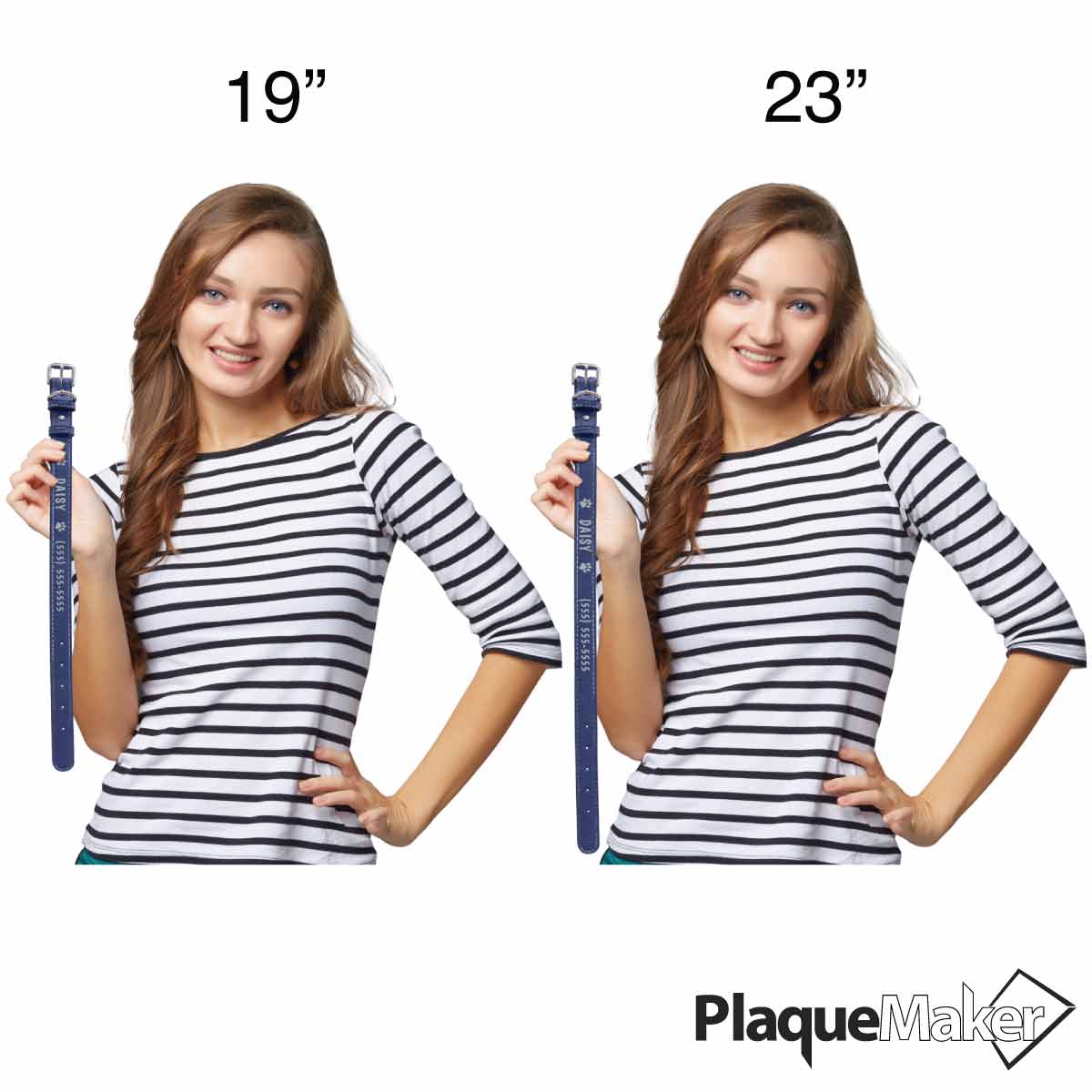 Size Guide With Happy Woman Holding Two Sizes Of Custom Blue Faux Leather Dog Collars Engraved With Sample Text And Art