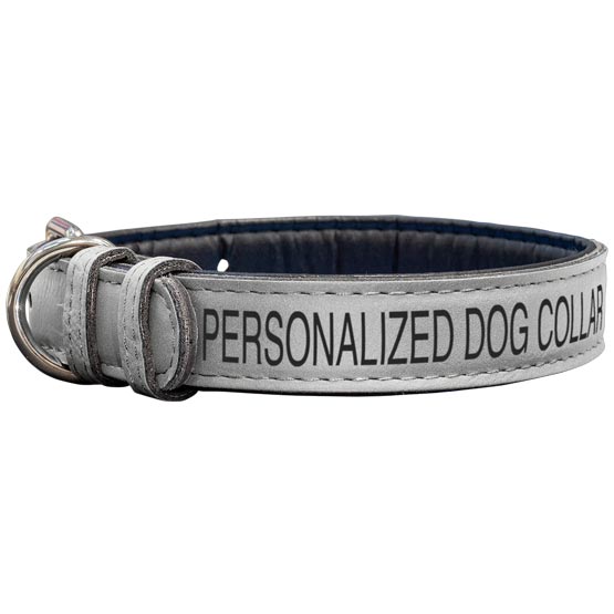 Custom Gray Faux Leather Dog Collar Laser Engraved To Show Customizable Areas For Text And Art Against A White Background