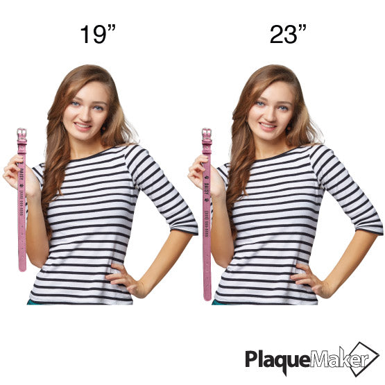 Size Guide With Happy Woman Holding Two Sizes Of Custom Pink Faux Leather Dog Collars Engraved With Sample Text And Art