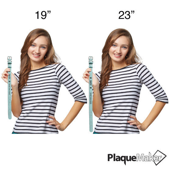 Size Guide With Happy Woman Holding Two Sizes Of Custom Teal Faux Leather Dog Collars Engraved With Sample Text And Art