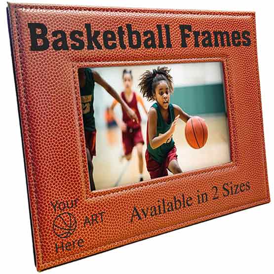 Faux Leather Picture Frame With Basketball Theme And Player Photo And Engraved With Basketball And Customizable Areas