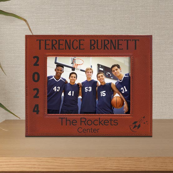 Faux Leather Picture Frame With Basketball Theme And Team Photo And Engraved With Name And Date And Position And Rockets Text