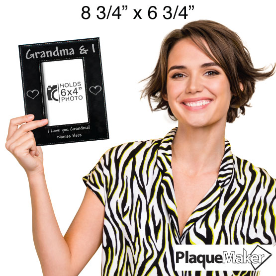 Size Guide With Happy Woman Holding Custom Black Faux Leather Picture Frame Engraved With Grandma And I Text 