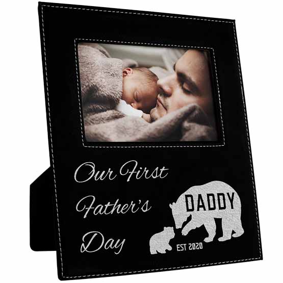 Custom Black Faux Leather Picture Frame Engraved With First Father’s Day Message And Artwork Of Bear With Cub