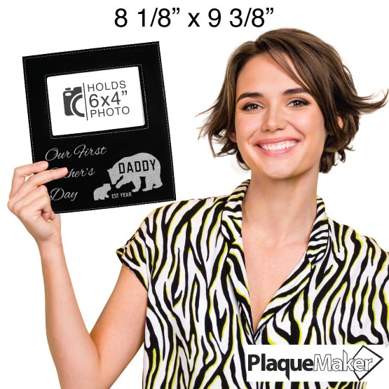Size Guide With Happy Woman Holding Custom Black Faux Leather Picture Frame With Father’s Day Photo And Text