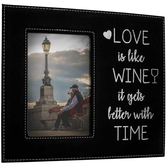 Black And Silver Faux Leather Picture Frame With Old Couple Photo And Engraved With Love Is Like Wine Message