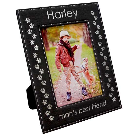 Black And Silver Faux Leather Picture Frame With Photo Of Boy And Dog And Engraved With Harley And Man’s Best Friend Text