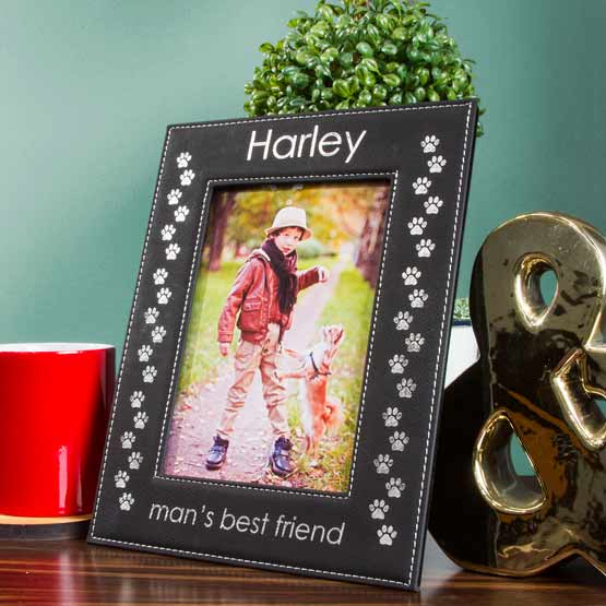 Black And Silver Faux Leather Picture Frame With Photo Of Boy And Dog And Man’s Best Friend Engraving On Dresser With Decor