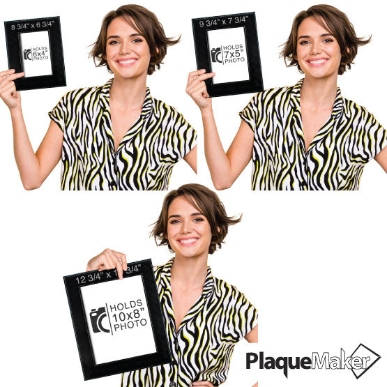 Size Guide With Happy Woman Holding Three Sizes Of Black And Silver Faux Leather Picture Frame Showing Measurements