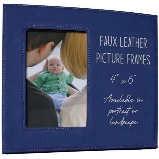 Blue And Silver Faux Leather Picture Frame With Photo Of Parents Holding Newborn And Engraved To Show Customizable Areas