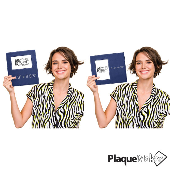 Size Guide With Happy Woman Holding Two Sizes Of Blue And Silver Faux Leather Picture Frame Showing Measurements