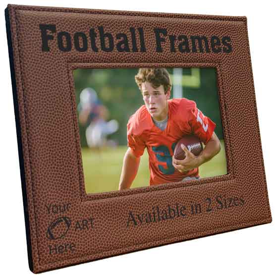 Faux Leather Picture Frame With Brown Football Theme And Player Photo And Engraved To Show Customizable Areas
