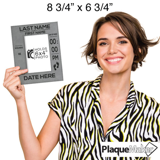Size Guide With Happy Woman Holding Custom Gray Faux Leather Picture Frame Laser Engraved With Baby Birth Details