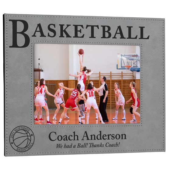 Custom Gray Faux Leather Picture Frame Laser Engraved With Basketball Text And Coach Name And Photo Of Team Playing