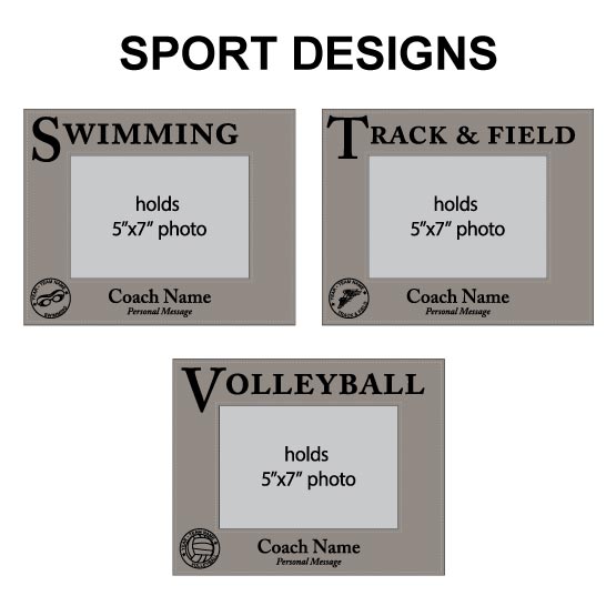Collage Of Sport Design Options For Gray Faux Leather Picture Frames For Swimming And Track And Volleyball