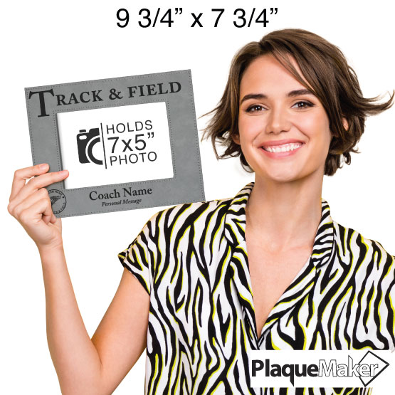 Size Guide With Happy Woman Holding Gray Faux Leather Picture Frame With Track And Field Text Showing Customizable Areas 