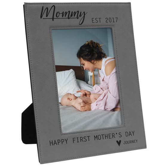 Custom Gray Faux Leather Picture Frame With Photo Of Mom And Newborn And Engraved With Mommy Text And Mother’s Day Message 