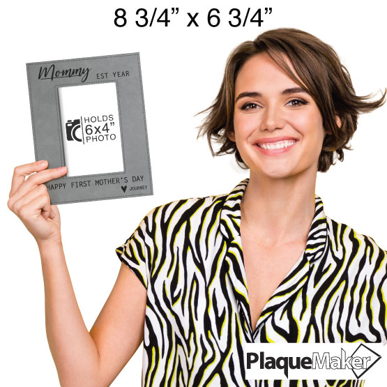 Size Guide With Happy Woman Holding Custom Gray Faux Leather Picture Frame Engraved With Mommy And Mother’s Day Text 