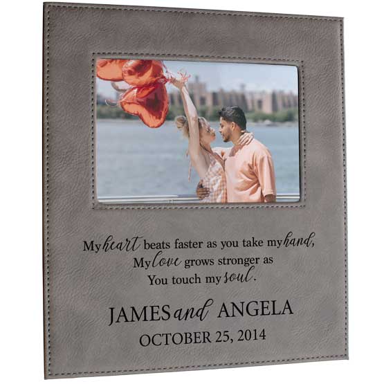 Custom Gray Faux Leather Picture Frame With Couple Photo And Engraved With Romantic Message And Names And Date
