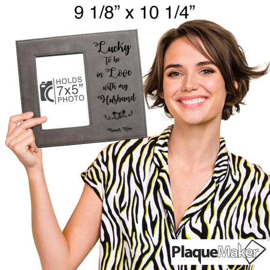 Size Guide With Happy Woman Holding Custom Gray Faux Leather Picture Frame With Romantic Message For Husband 