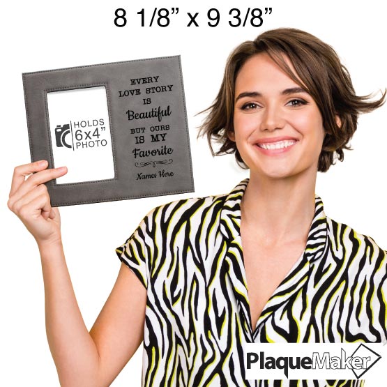 Size Guide With Happy Woman Holding Custom Gray Faux Leather Picture Frame Laser Engraved With Love Story Message