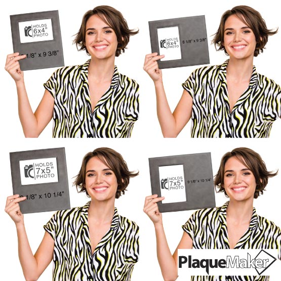 Size Guide With Happy Woman Holding Four Different Sizes Of Custom Gray Faux Leather Picture Frames Showing Measurements
