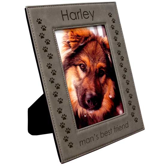 Custom Gray Faux Leather Picture Frame With Dog Photo And Engraved With Paw Prints And Harley And Man’s Best Friend