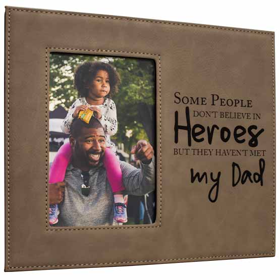 Light Brown Faux Leather Picture Frame With Photo Of Dad Carrying Daughter And Engraved With Dad Hero Message