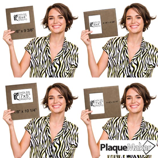 Size Guide With Happy Woman Holding Four Sizes Of Custom Light Brown Faux Leather Picture Frames Showing Measurements