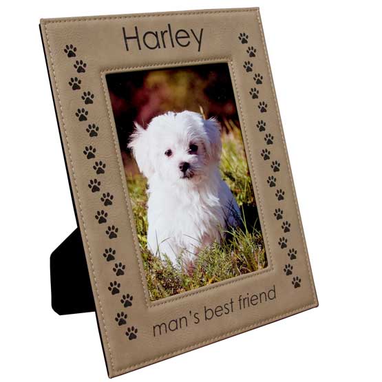 Light Brown Faux Leather Picture Frame With Dog Photo And Engraved With Paw Prints And Harley And Man’s Best Friend