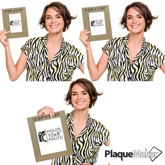 Size Guide With Happy Woman Holding Three Sizes Of Custom Light Brown Faux Leather Picture Frames Showing Measurements