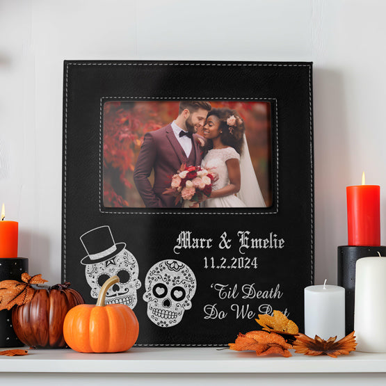 Custom Black Faux Leather Picture Frame With Couple Photo And Engraved With Sugar Skulls On Shelf With Fall Decor And Candles