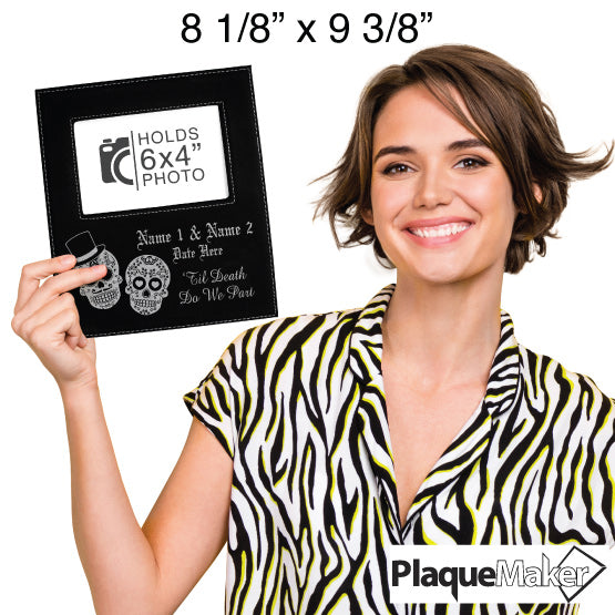 Size Guide With Happy Woman Holding Black Faux Leather Picture Frame Engraved With Sugar Skulls And Showing Customizable Area