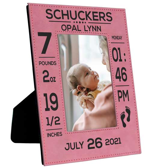 Custom Pink Faux Leather Picture Frame Laser Engraved With Baby Birth Details And Photo Of Woman Holding Newborn