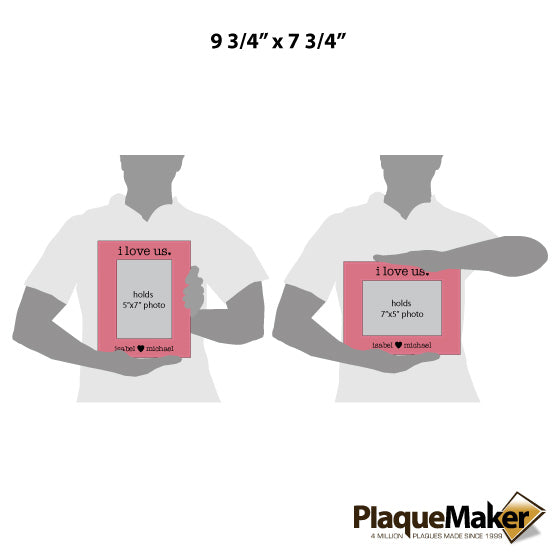 Size Guide With Blank Figures Holding Two Different Sizes Of Custom Pink Faux Leather Picture Frame With I Love Us Text 