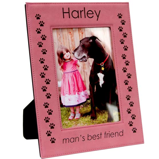 Pink Faux Leather Picture Frame With Photo Of Girl And Dog And Engraved With Paw Prints And Harley And Man’s Best Friend