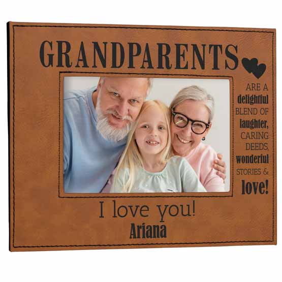 Custom Rawhide Faux Leather Picture Frame With Photo Of Grandparents With Child And Engraved With Sweet Grandparents Text