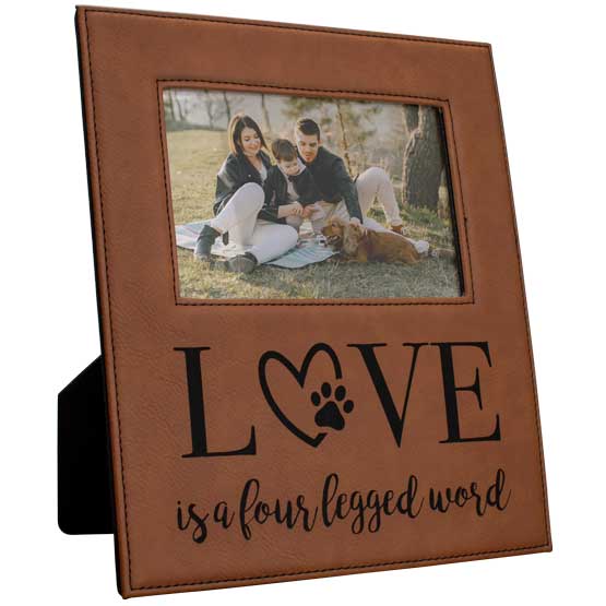 Custom Rawhide Faux Leather Picture Frame With Family Picnic Photo And Engraved With Love Is A Four Legged Word