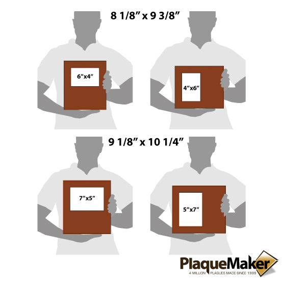 Size Guide With Blank Figures Holding Four Different Sizes Of Rawhide Faux Leather Picture Frames Showing Measurements