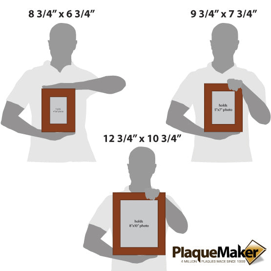Size Guide With Blank Figures Holding Three Sizes Of Rawhide Faux Leather Picture Frames Showing Measurements