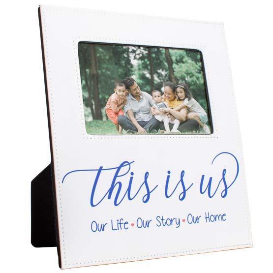 Custom White Faux Leather Picture Frame With Family Photo And Engraved With This Is Us And Our Life Our Story Our Home Text