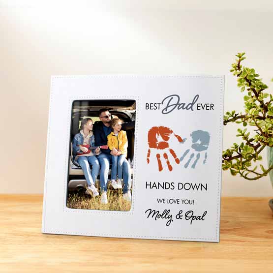 White Faux Leather Picture Frame With Photo Of Dad With Kids And Engraved With Handprint Art And Dad Appreciation Message