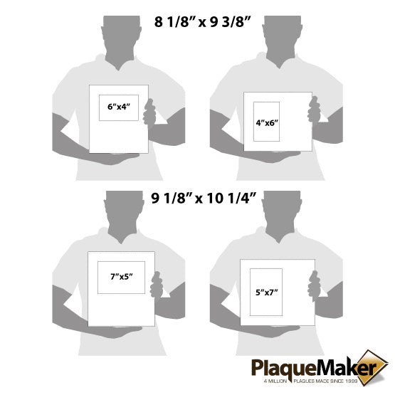 Size Guide With Blank Figures Holding Four Different Sizes Of White Faux Leather Picture Frames Showing Measurements