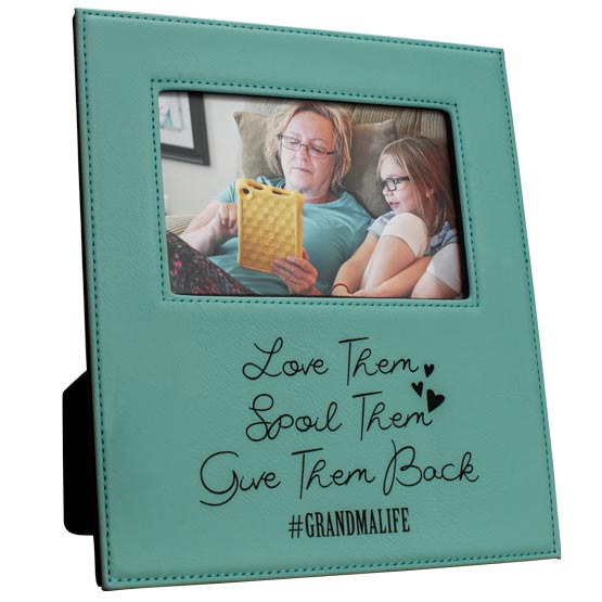 Custom Teal Faux Leather Picture Frame With Photo Of Grandma With Child And Laser Engraved With Grandma Life Message